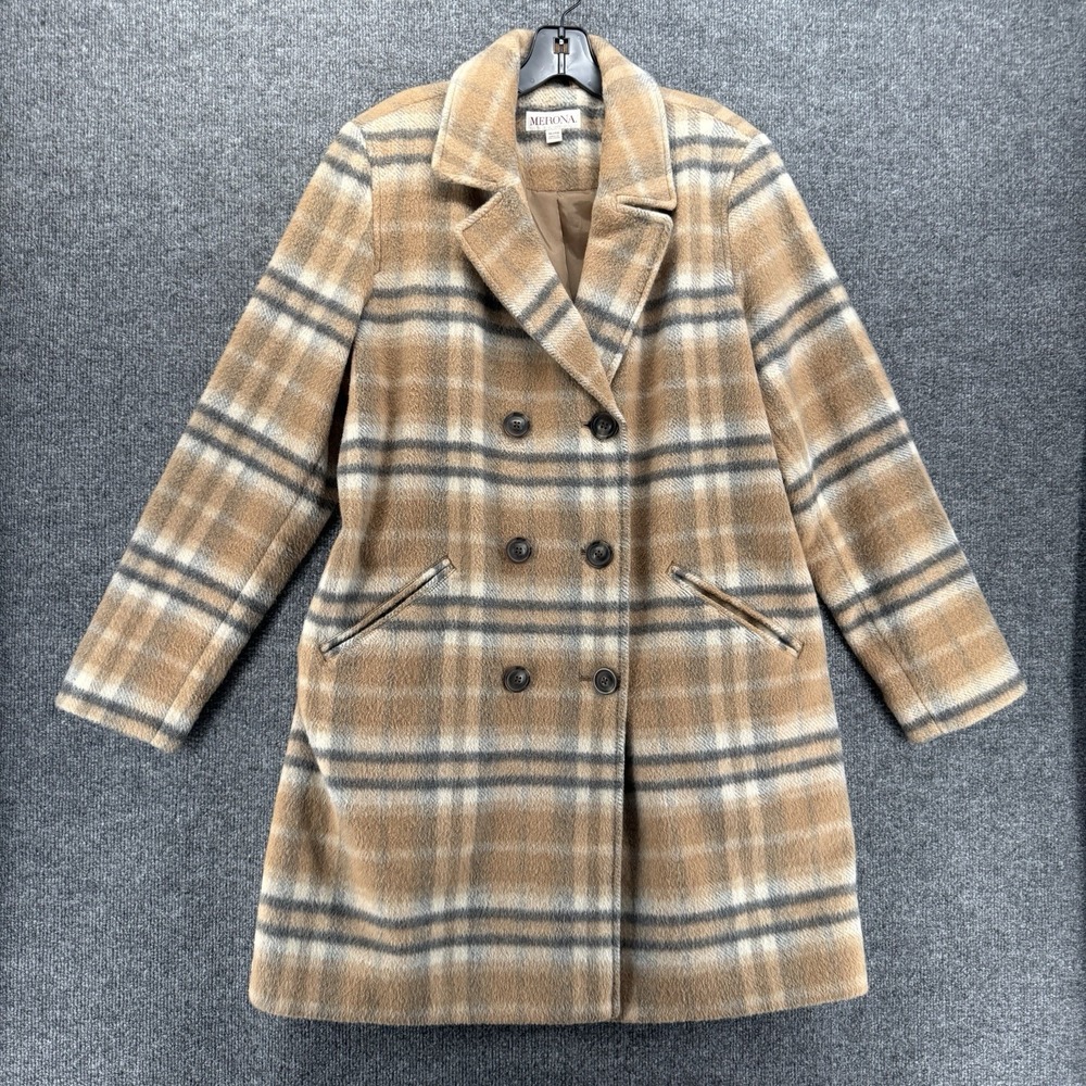 Merona Pea Coat Womens XL Tan Wool Blend Plaid Button Up Long Old Money Luxury